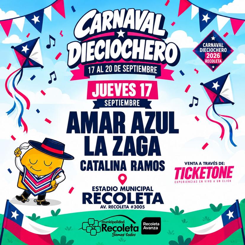 JUEVES 17 Carnaval Dieciochero en Estadio Leonel Sánchez de Recoleta